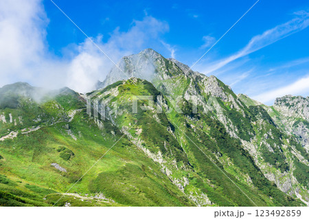 剱沢から見上げる一服剱、前剱、剱岳　北アルプス剱岳登山 123492859
