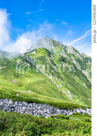 剱沢から見上げる一服剱、前剱、剱岳　北アルプス剱岳登山 123492860