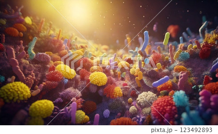 カラフルで多様な腸内細菌の善玉菌たちが集まった腸内フローラのイメージの3Dイラスト 腸内環境 カラフルで多様な腸内細菌の善玉菌たちが集まった腸内フローラのイメージの3Dイラスト 腸内環境 123492893