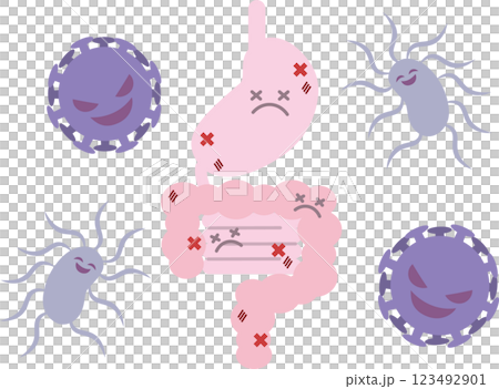 悪い細菌やウイルスでボロボロに弱った胃腸のシンプルなイラスト 123492901