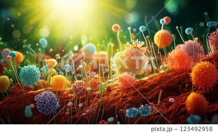 カラフルで多様な腸内細菌の善玉菌たちが集まった腸内フローラのイメージの3Dイラスト  腸内環境 123492958
