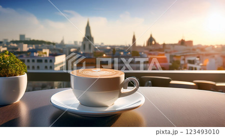 朝日の中の白いマグカップとコーヒー 123493010