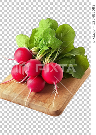 fresh radishes on wooden cutting board 123493095