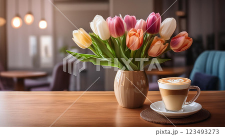 部屋のテーブルの上に置かれたチューリップとコーヒーカップ 部屋のテーブルの上に置かれたチューリップとコーヒーカップ 123493273