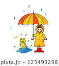 6月素材 傘を差した少女と水たまりで踊るカエルさん 123493298