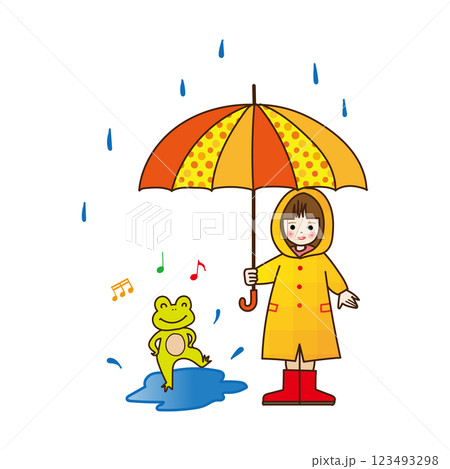 6月素材 傘を差した少女と水たまりで踊るカエルさん 123493298