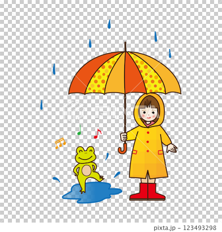 June Material: A girl with an umbrella and a frog dancing in a puddle 123493298