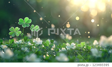 lush green clover field bathed in sunlight. perfect spring background lush green clover field bathed in sunlight. perfect spring background 123493395