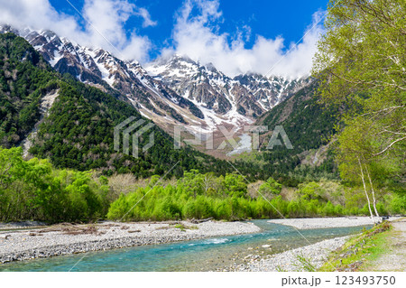 上高地自然遊歩道の初夏ウォーキング　梓川から見上げる奥穂高岳 123493750