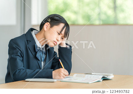 勉強する中学生・高校生の女の子（宿題・受験勉強・学習・苦手・教育・悩む・ストレス・不安・迷う） 123493782