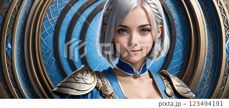 鎧を着た灰色の髪の美少女　　Beautiful girl with gray hair wearin 123494191