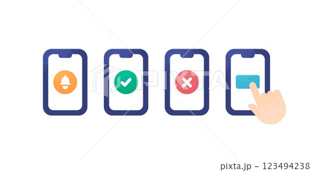 タップやログイン、通知を表現したスマートフォンのアイコンセット。シンプルでおしゃれなベクターデザイン タップやログイン、通知を表現したスマートフォンのアイコンセット。シンプルでおしゃれなベクターデザイン 123494238