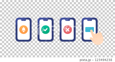 タップやログイン、通知を表現したスマートフォンのアイコンセット。シンプルでおしゃれなベクターデザイン タップやログイン、通知を表現したスマートフォンのアイコンセット。シンプルでおしゃれなベクターデザイン 123494238