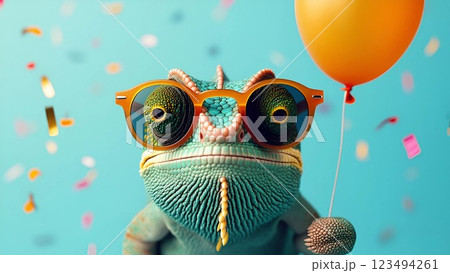 lizard with glasses and balloons on a blue background lizard with glasses and balloons on a blue background 123494261