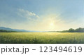 朝霧立つ湿原に咲く池塘と日の出 123494619
