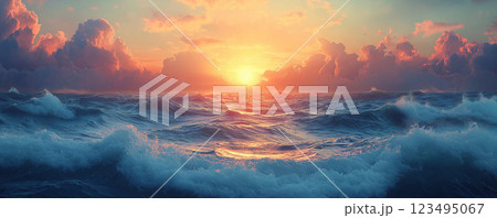 海と夕日 123495067
