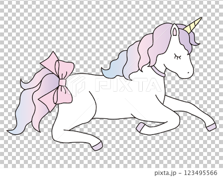 リボンをつけたかわいいユニコーンのベクターイラスト。馬、角、動物、ドリーミー、線 123495566