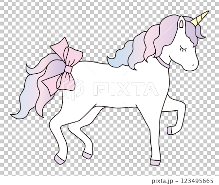 Vector illustration of a cute unicorn with a bow. Horse, horn, animal, dreamy, line 123495665