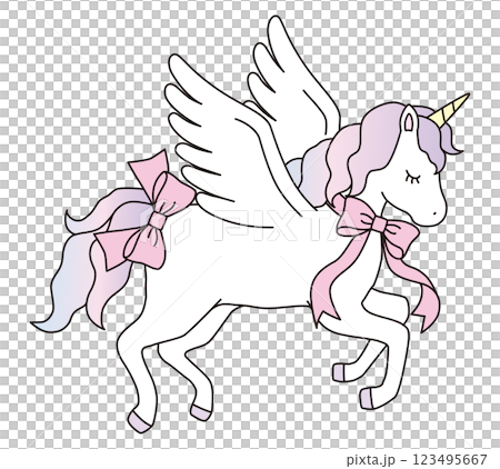 リボンをつけたかわいいユニコーンのベクターイラスト。馬、羽根、動物、ドリーミー、ペガサス、線 リボンをつけたかわいいユニコーンのベクターイラスト。馬、羽根、動物、ドリーミー、ペガサス、線 123495667