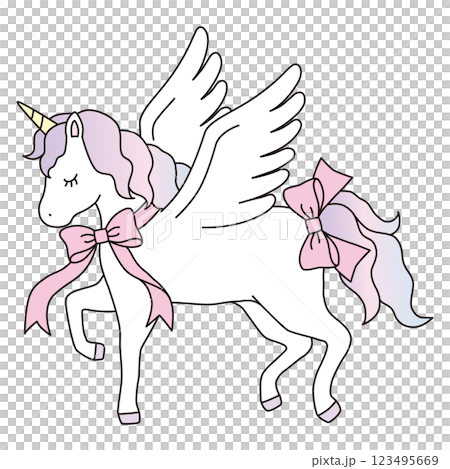 リボンをつけたかわいいユニコーンのベクターイラスト。馬、羽根、動物、ドリーミー、ペガサス、線 123495669