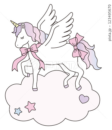 雲に乗るかわいいユニコーンのベクターイラスト。リボン、馬、羽根、動物、ドリーミー、ペガサス、線 123495670