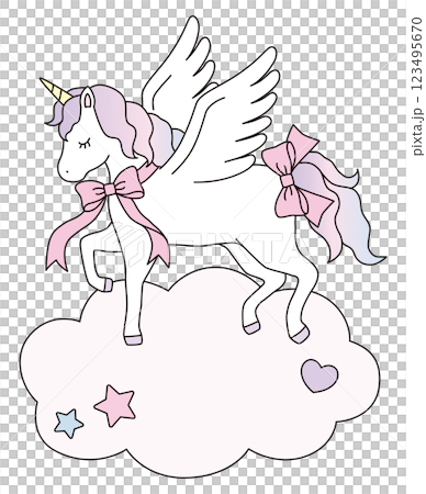 雲に乗るかわいいユニコーンのベクターイラスト。リボン、馬、羽根、動物、ドリーミー、ペガサス、線 123495670