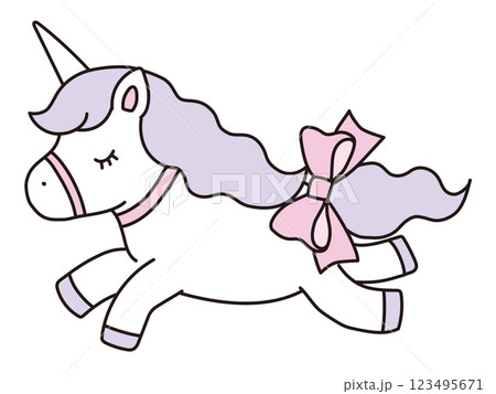 リボンをつけたかわいいユニコーンのベクターイラスト。馬、動物、ドリーミー、線 123495671