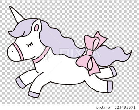 リボンをつけたかわいいユニコーンのベクターイラスト。馬、動物、ドリーミー、線 123495671