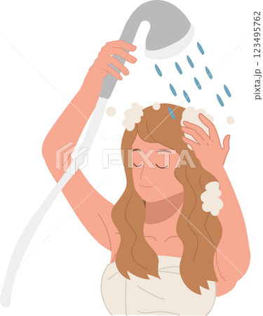 hair care and beauty concept. woman washing hair with foamy shampoo in refreshing shower hair care hygiene and wellness 123495762