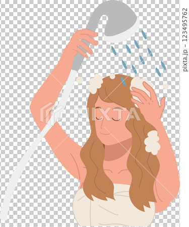 hair care and beauty concept. woman washing hair with foamy shampoo in refreshing shower hair care hygiene and wellness 123495762