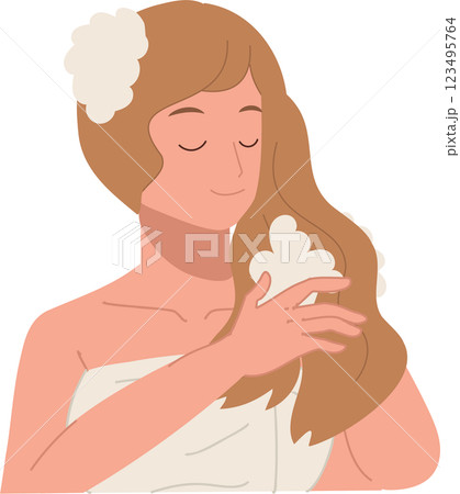 hair care and beauty concept. woman washing hair with foamy shampoo in refreshing shower hair care hygiene and wellness 123495764