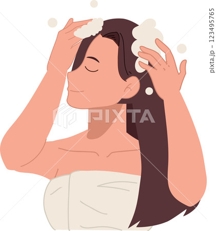 hair care and beauty concept. woman washing hair with foamy shampoo in refreshing shower hair care hygiene and wellness 123495765