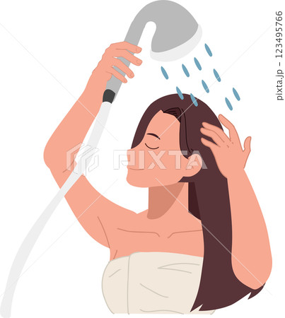 hair care and beauty concept. woman washing hair with foamy shampoo in refreshing shower hair care hygiene and wellness 123495766