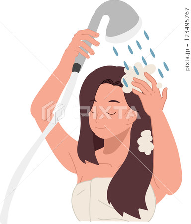 hair care and beauty concept. woman washing hair with foamy shampoo in refreshing shower hair care hygiene and wellness 123495767