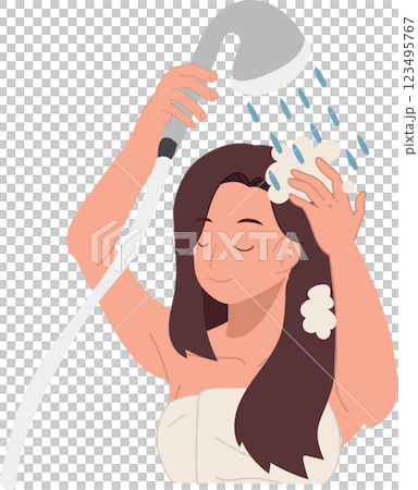 hair care and beauty concept. woman washing hair with foamy shampoo in refreshing shower hair care hygiene and wellness 123495767