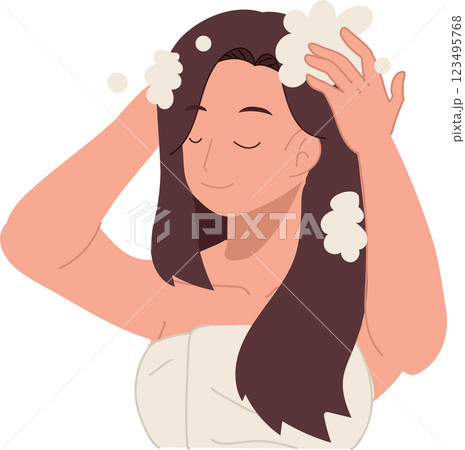 hair care and beauty concept. woman washing hair with foamy shampoo in refreshing shower hair care hygiene and wellness 123495768