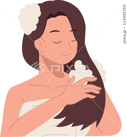 hair care and beauty concept. woman washing hair with foamy shampoo in refreshing shower hair care hygiene and wellness 123495769