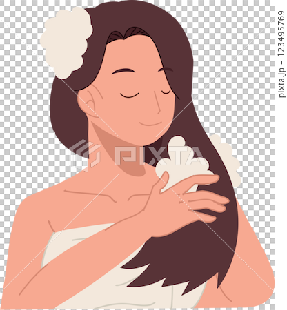 hair care and beauty concept. woman washing hair with foamy shampoo in refreshing shower hair care hygiene and wellness 123495769