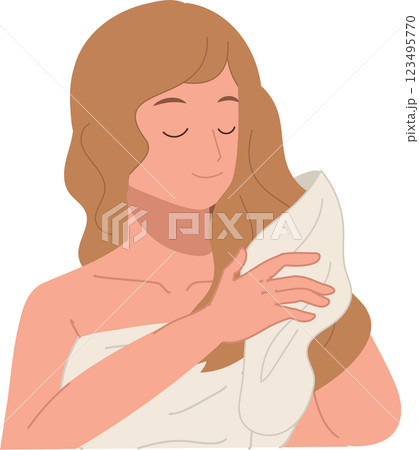 self-care and daily beauty lifestyle concept. Woman drying hair with towel after hair wash 123495770