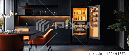 Stylish black kitchen with vibrant orange chairs and open refrigerator 123495773
