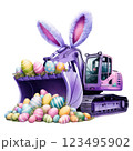 Festive purple Easter excavator with bunny ears and a bucket full of colorful eggs, perfect for holiday-themed designs and construction enthusiasts. 123495902