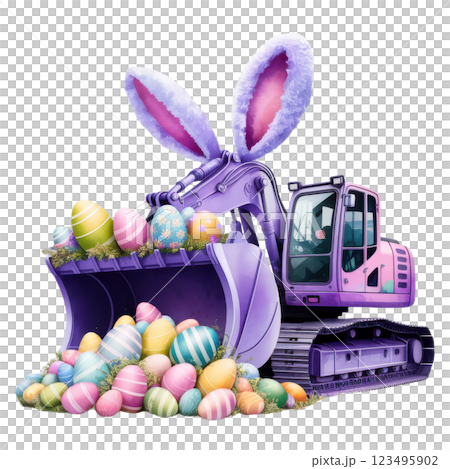 Festive purple Easter excavator with bunny ears and a bucket full of colorful eggs, perfect for holiday-themed designs and construction enthusiasts. Festive purple Easter excavator with bunny ears and a bucket full of colorful eggs, perfect for holiday-themed designs and construction enthusiasts. 123495902