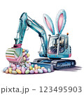 Festive Blue Easter excavator with bunny ears and a bucket full of colorful eggs, perfect for holiday-themed designs and construction enthusiasts. 123495903
