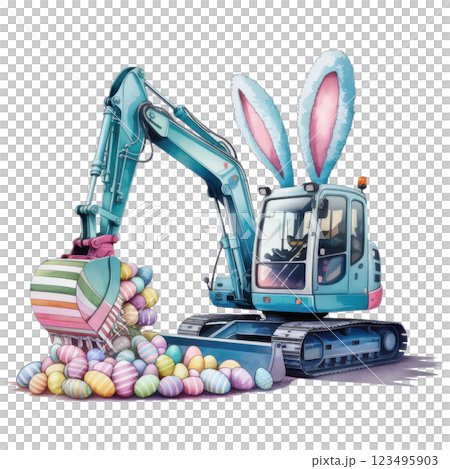 Festive Blue Easter excavator with bunny ears and a bucket full of colorful eggs, perfect for holiday-themed designs and construction enthusiasts. Festive Blue Easter excavator with bunny ears and a bucket full of colorful eggs, perfect for holiday-themed designs and construction enthusiasts. 123495903