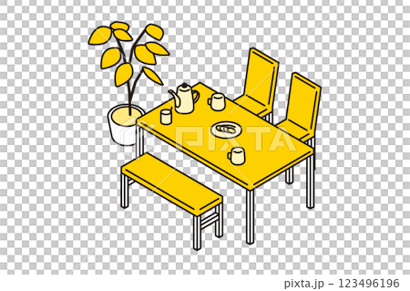ティーブレイク中のダイニングテーブルセットと観葉植物のシンプルなアイソメトリックイラスト 123496196