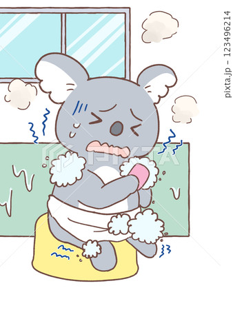 寒い浴室でからだを洗うコアラ 123496214