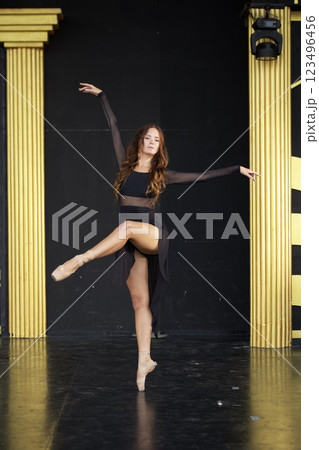 Graceful Ballet Dancer Performing Artistic Pose on Stage Graceful Ballet Dancer Performing Artistic Pose on Stage 123496456