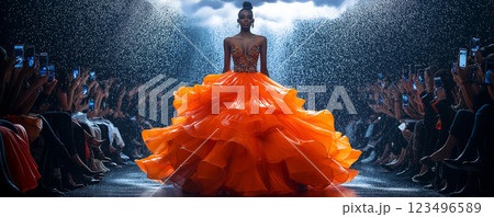 オレンジ色の衣装のファッションモデル 123496589