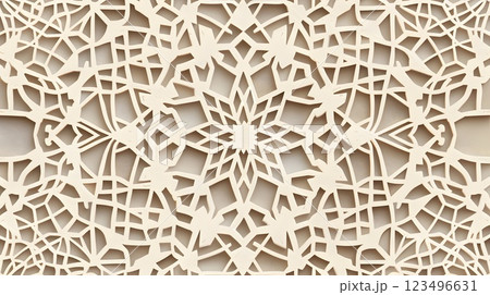 Intricate Creme White Islamic Mashrabiya Pattern Background 3d with Seamless Latticework and Geometric Precision for Decorative Designs 123496631