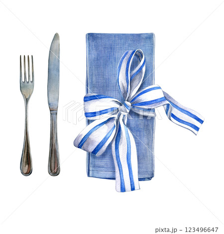 Table setting. Watercolor illustration of blue napkin, ribbon with strikes tied in a bow and cutlery. Good for postcards, recipes, menu, invitations, greeting cards. Table setting. Watercolor illustration of blue napkin, ribbon with strikes tied in a bow and cutlery. Good for postcards, recipes, menu, invitations, greeting cards. 123496647